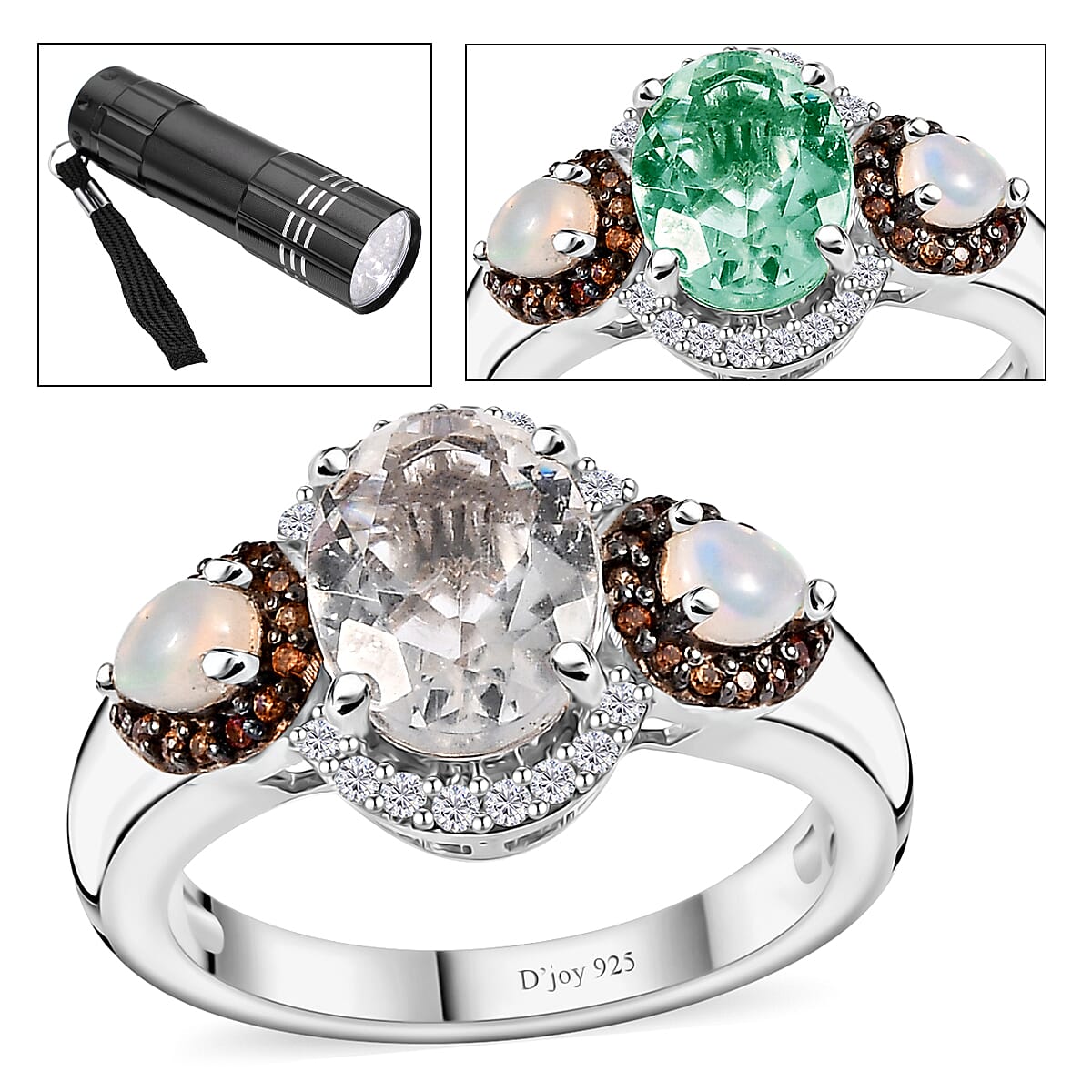 Mexican Hyalite Opal and Multi Gemstone Tri-Halo Ring in Platinum Over Sterling Silver (Size 10.0) 1.85 ctw