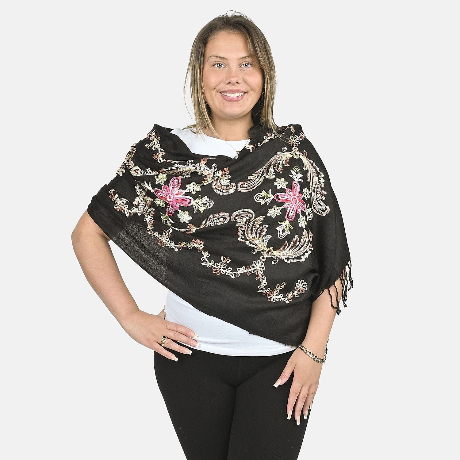 Tamsy Black Floral Pattern Embroidered Scarf (72"x28")