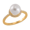 White Shell Pearl, Simulated Diamond Halo Ring in 14K YG Over Sterling Silver (Size 10.0) 0.35 ctw - Sticky add to cart bar