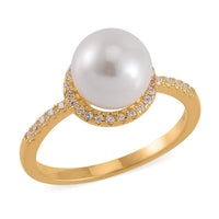 White Shell Pearl, Simulated Diamond Halo Ring in 14K YG Over Sterling Silver (Size 10.0) 0.35 ctw