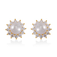 White Shell Pearl and Simulated Diamond Sunburst Earrings in 14K Yellow Gold Over Sterling Silver 1.65 ctw