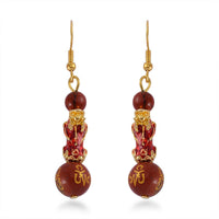 Feng Shui Red Jasper Beaded Pixiu Earrings in Goldtone 25.00 ctw