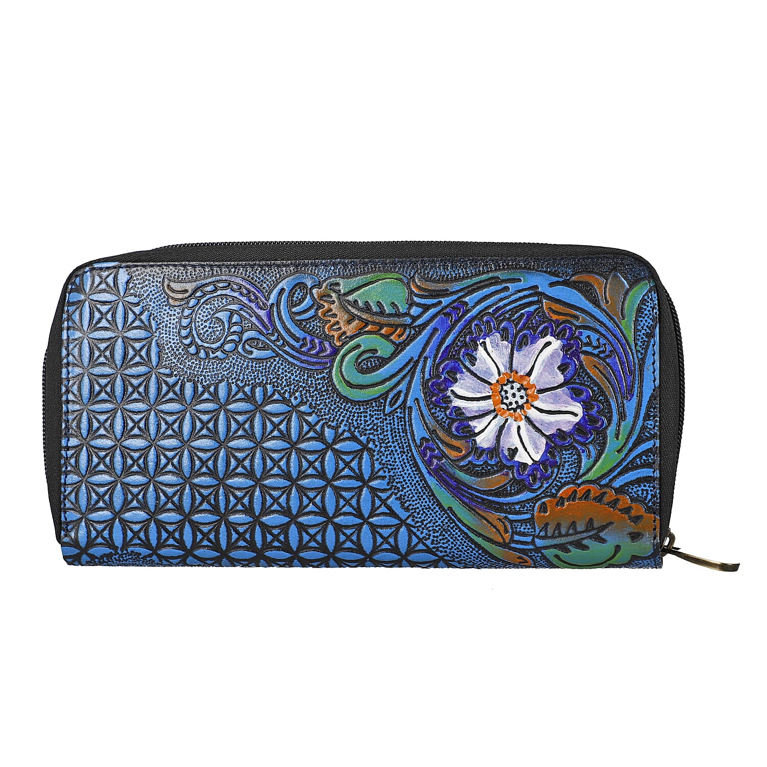 Black RFID Protected Tooled Leather Women's Wallet (9"x1"x5")