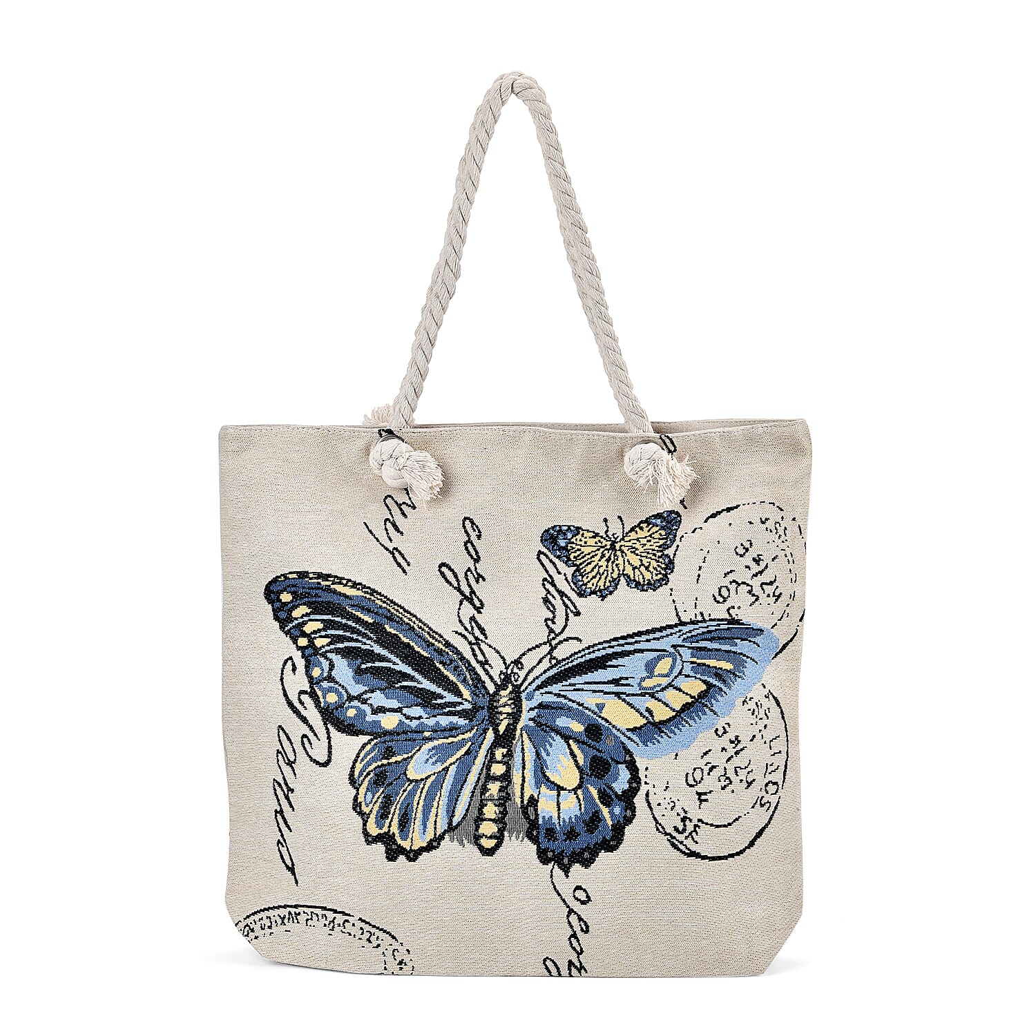 Blue Butterfly Pattern Jute Large Tote Bag (18"x3.9"x16")