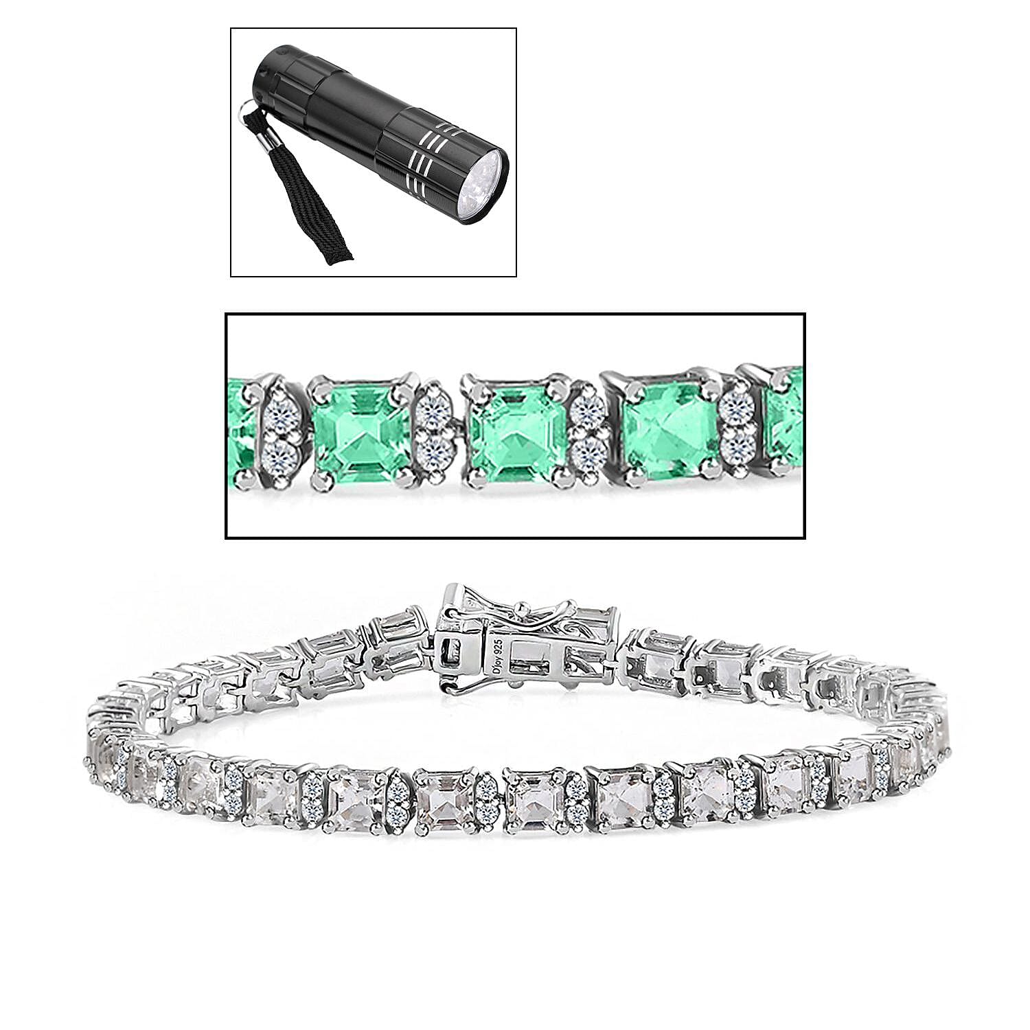 Asscher Cut Mexican Hyalite Opal and White Zircon Tennis Bracelet in Platinum Over Sterling Silver (7.25 In) with Free UV Flash Light 9.00 ctw