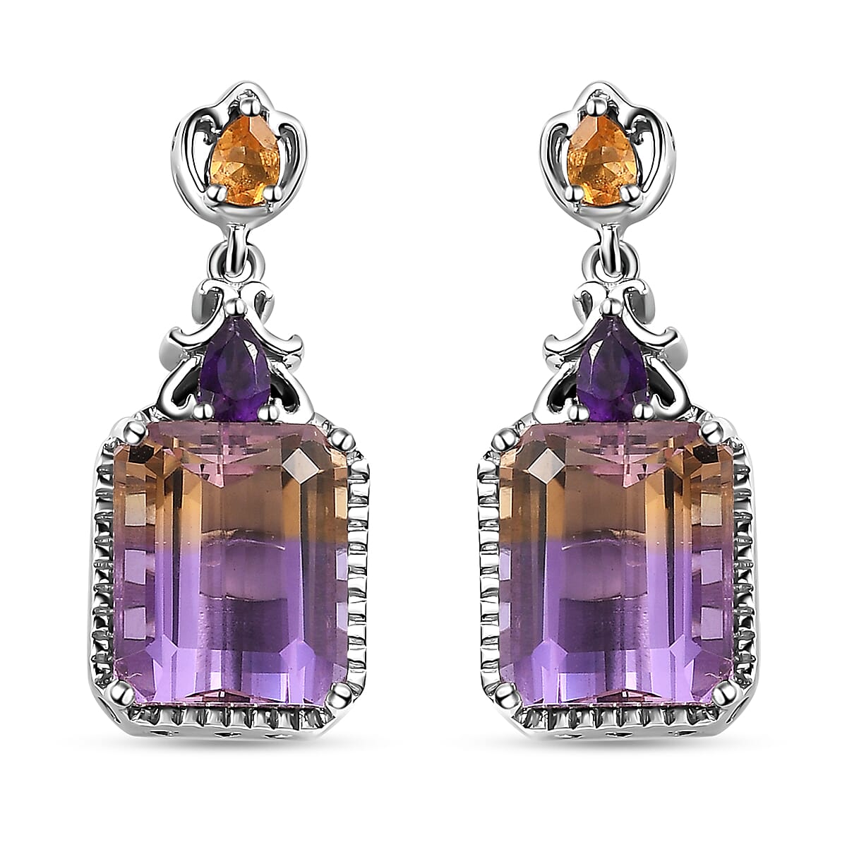 D'Joy AAA Anahi Ametrine and Multi Gemstone Dangle Earrings in Platinum Over Sterling Silver 13.75 ctw