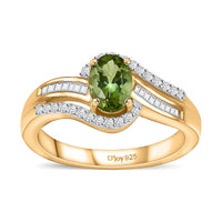 AAA Natural Calabar Green Tourmaline, Diamond (0.20 cts) Bypass Ring in Vermeil YG Over Sterling Silver (Size 10.0) (Del. in 10-12 Days) 1.00 ctw
