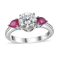 Moissanite (Rnd 7 mm), Niassa Ruby (FF) 3 Stone Ring in Platinum Over Sterling Silver (Size 10.0) 1.65 ctw