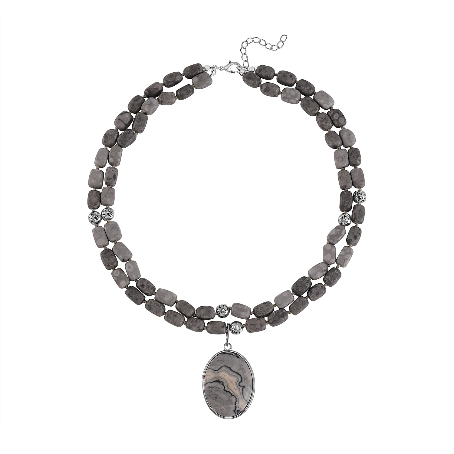 Map Jasper Two Row Beaded Necklace 20-22 Inches with Matching Pendant in Silvertone 687.00 ctw