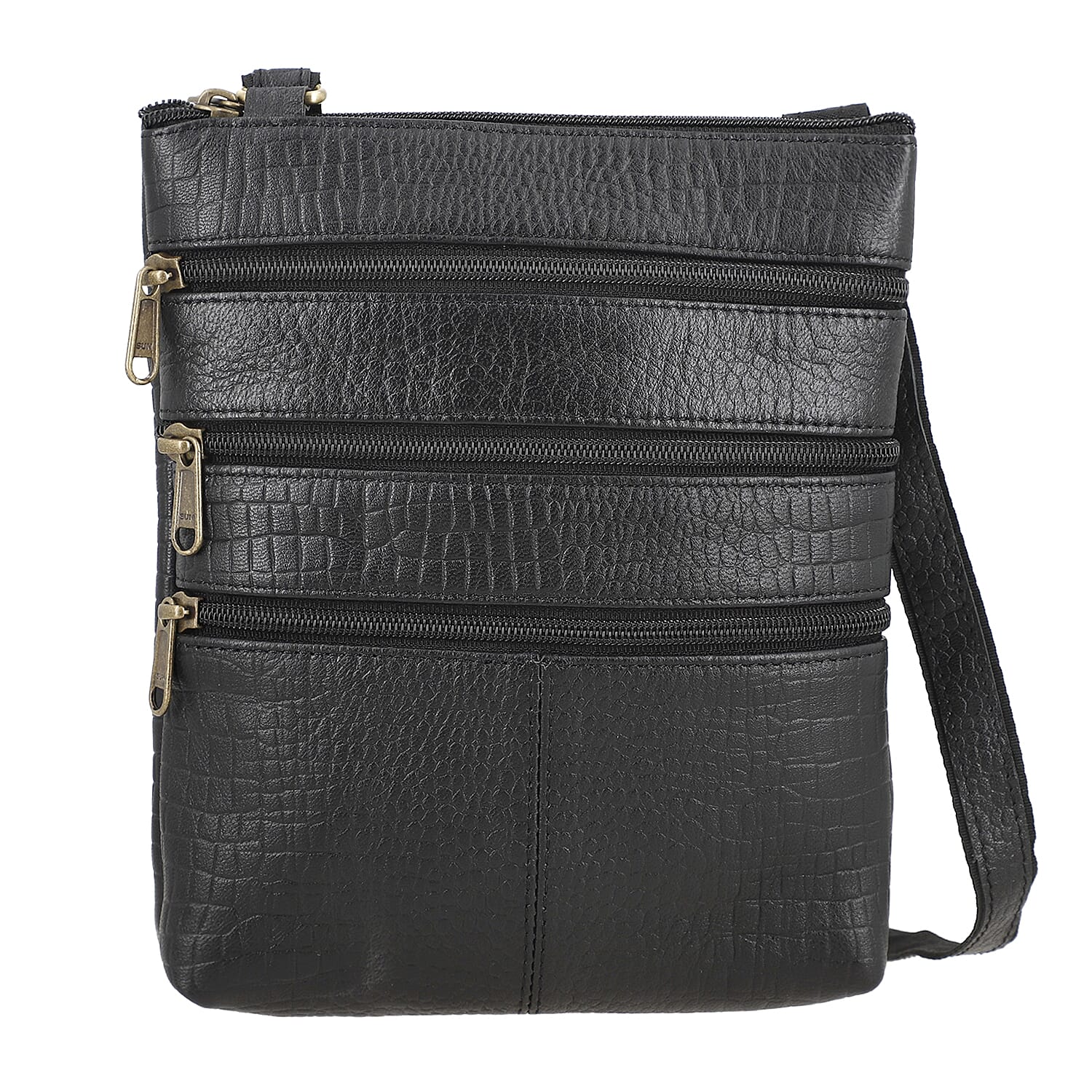 100% Genuine Leather croco embossed Crossbody Bag;  Color: Black; Size:8.5L X 9.5 H INCH