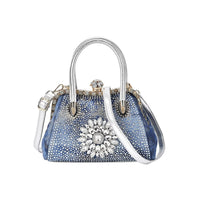 Blue Sparkling Crystal Flower Crossbody Bag (11"x5.5"x7.9") with Handle Drop and Shoulder Strap 47"