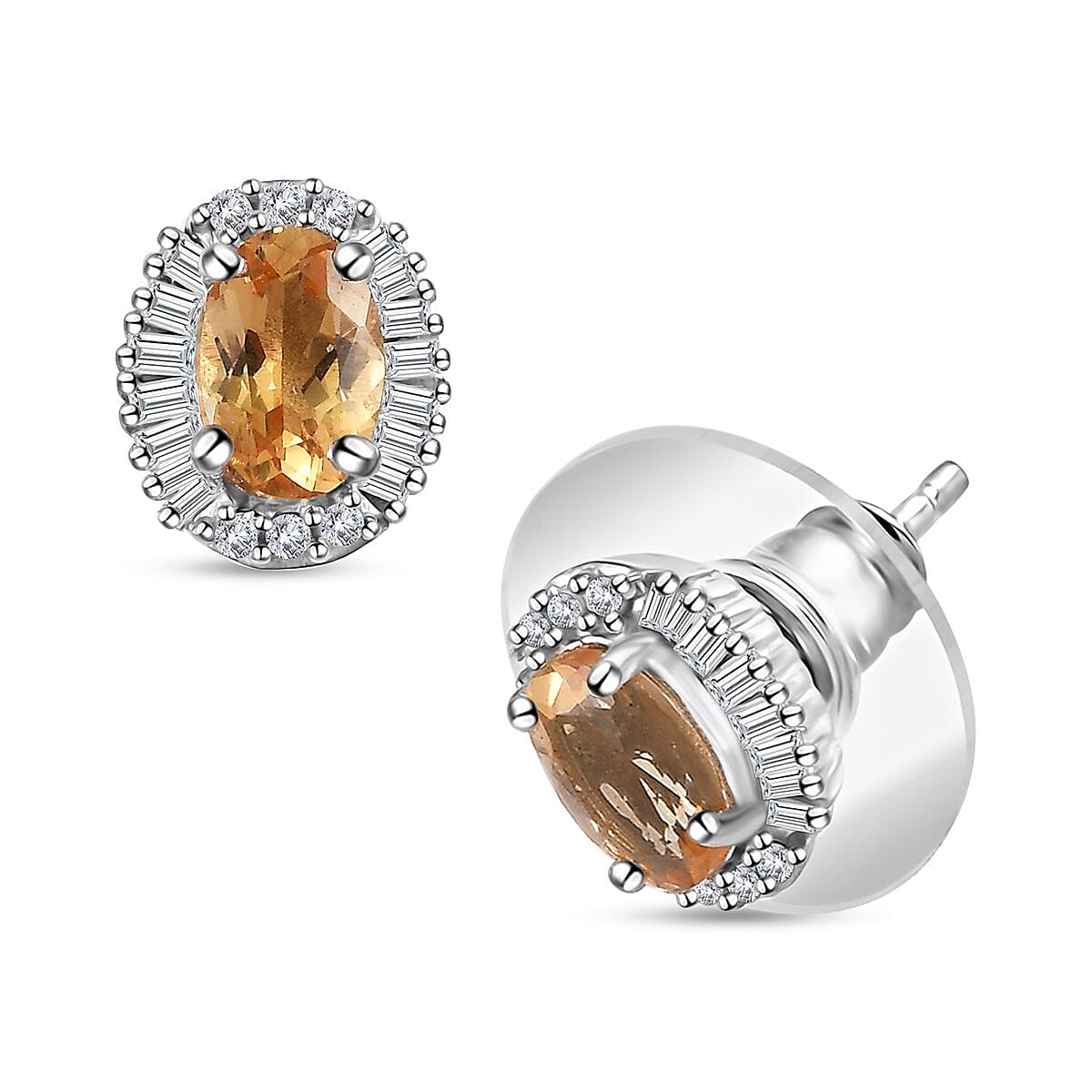 AAA Golden Imperial Topaz and Diamond Halo Stud Earrings in Platinum Over Sterling Silver 1.50 ctw