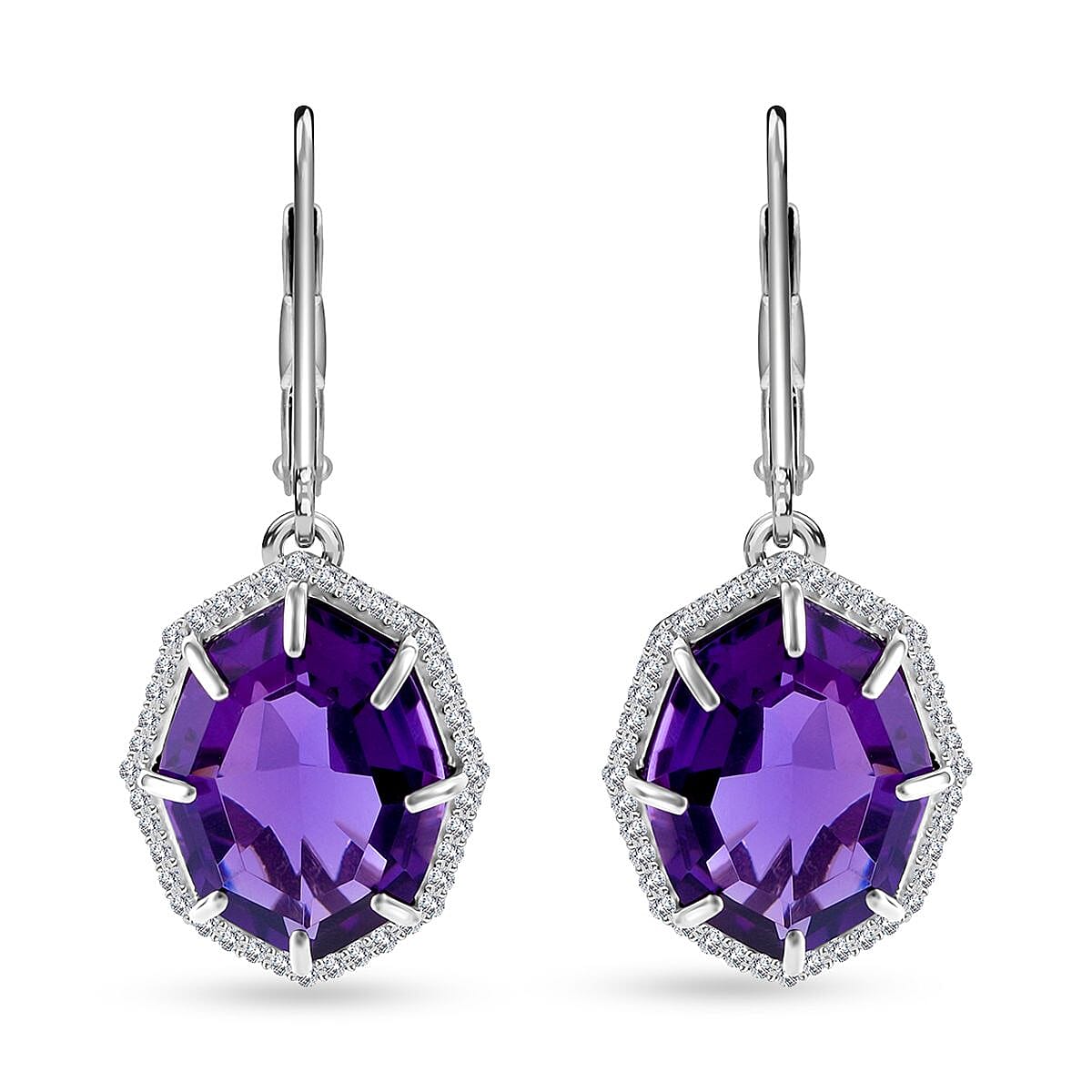 African Amethyst and White Zircon Lever Back Earrings in Platinum Over Sterling Silver 7.90 ctw