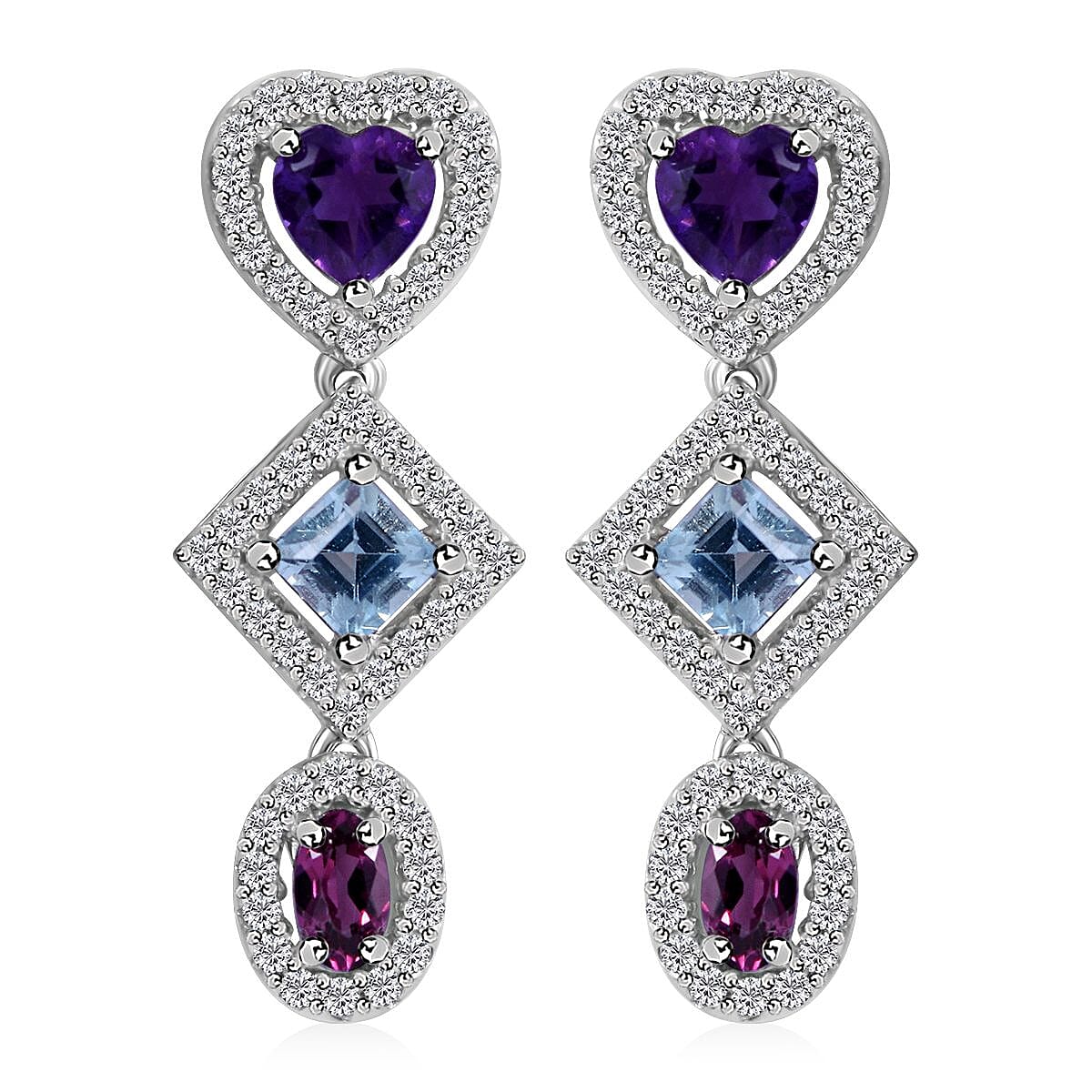 Multi Gemstone Earrings in Platinum Over Sterling Silver 3.35 ctw