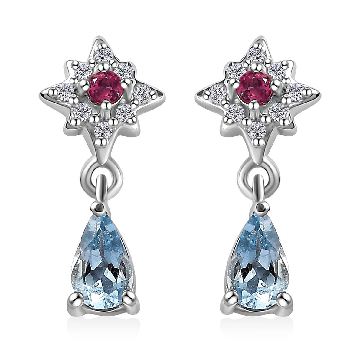 Santa Maria Aquamarine and Multi Gemstone Celestial Earrings in Platinum Over Sterling Silver 0.50 ctw