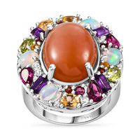 Peach Moonstone and Multi Gemstone Cocktail Ring in Platinum Over Sterling Silver (Size 10.0) 19.65 ctw