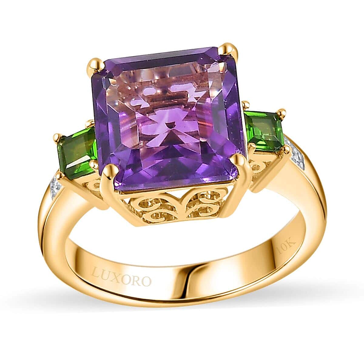 Luxoro 10K Yellow Gold Premium Moroccan Amethyst, Chrome Diopside, Diamond Accent (G-H, I2) Ring (Size 6.0) (4.15 g) 4.90 ctw