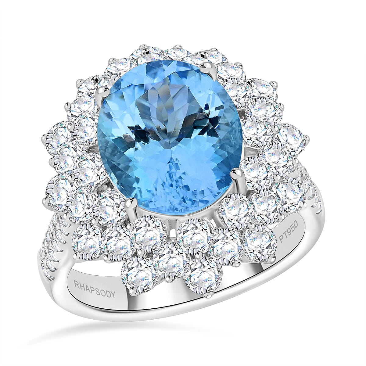 Chairman Vault Collection Certified & Appraised Rhapsody 950 Platinum AAAA Santa Maria Aquamarine (4.04 cts), Diamond (E-F, VS) (2.71 cts) Floral Ring (Size 7.0) (12.58 g) 6.75 ctw