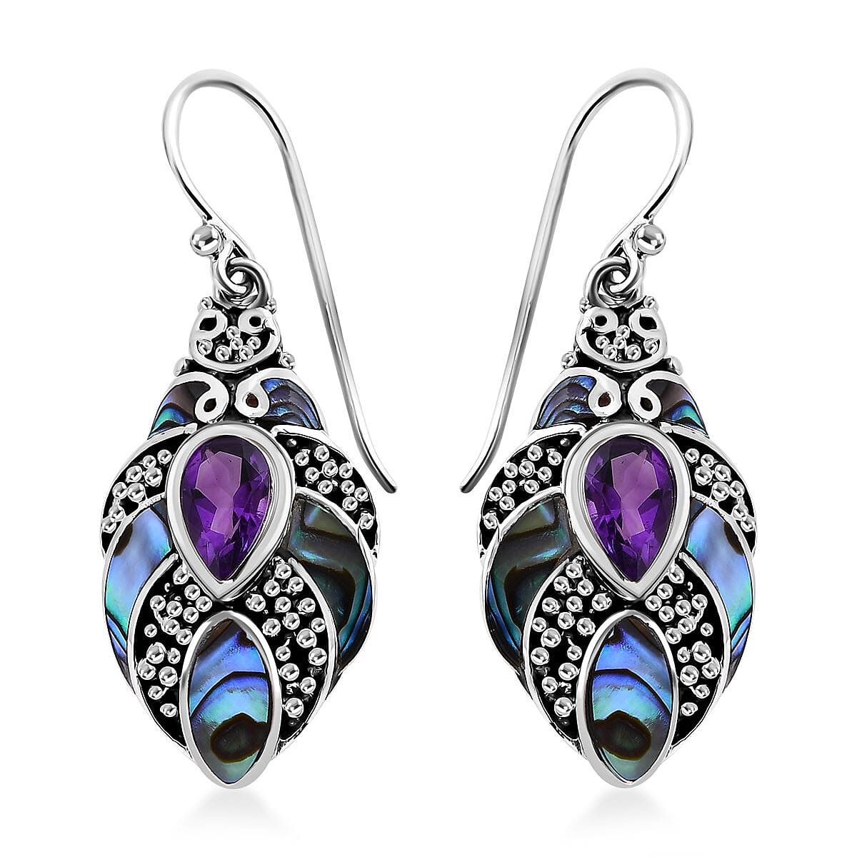 Bali Legacy Abalone Shell, African Amethyst Earrings in Sterling Silver 1.60 ctw