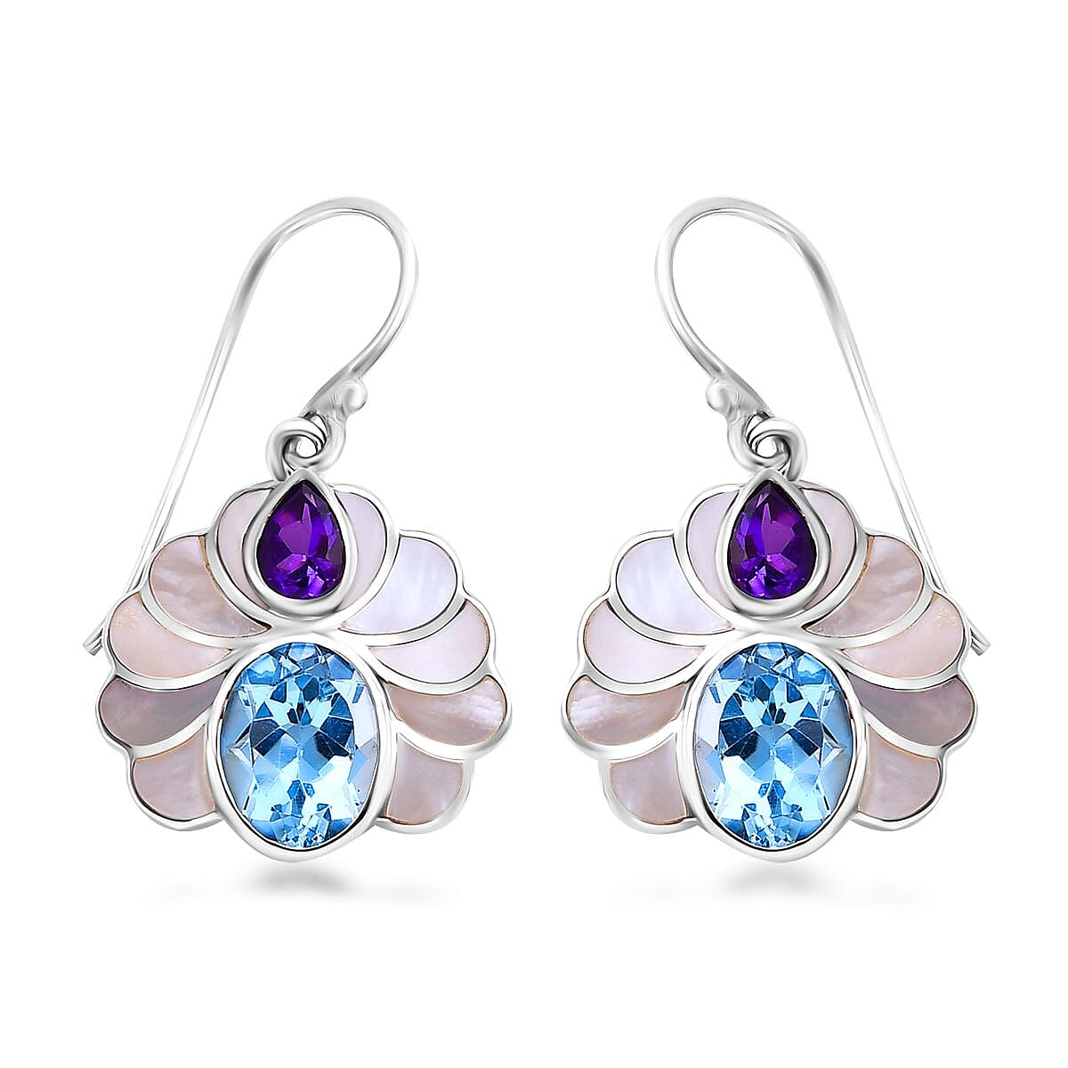 Bali Legacy White Shell Pearl, African Amethyst and Sky Blue Topaz 7.50 ctw Earrings in Sterling Silver