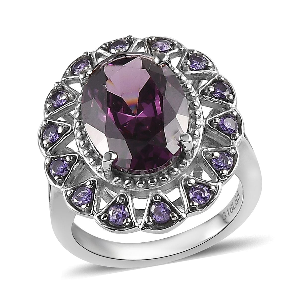 Simulated Amethyst, Simulated Purple Diamond Floral Ring in Stainless Steel (Size 10.0) 9.90 ctw