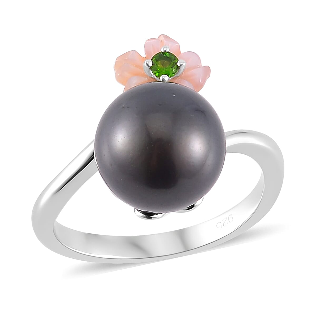 One Time Only Tahitian Cultured Pearl 11-12mm, Chrome Diopside, Purple Mother of Pearl Carved Floral Bypass Ring in Rhodium Over Sterling Silver (Size 10.0)