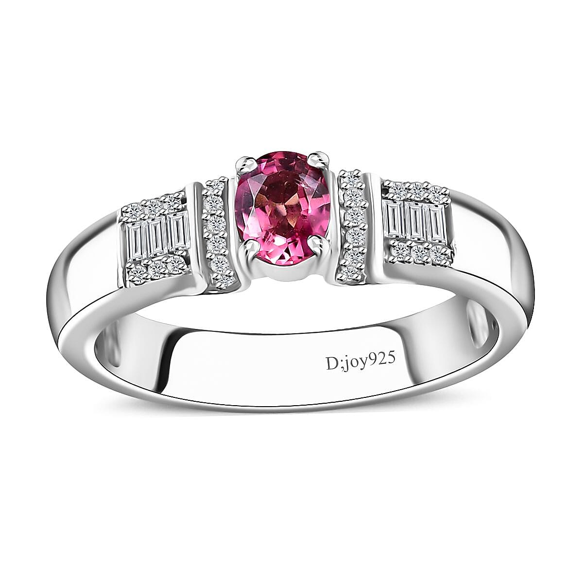 Ouro Fino Rubellite and White Zircon Ring in Platinum Over Sterling Silver (Size 7.0) 0.75 ctw