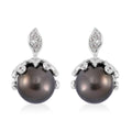 Tahitian Cultured Pearl 8-9mm and White Zircon Bell Floral Earrings in Rhodium Over Sterling Silver 0.40 ctw - Sticky add to cart bar
