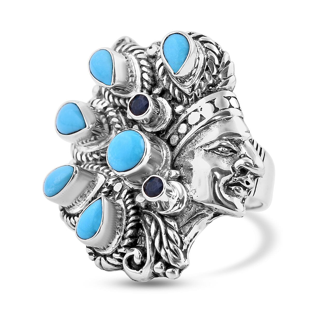 Memorial Day Doorbuster Bali Legacy Sleeping Beauty Turquoise, Blue Sapphire Ring in Sterling Silver (Size 10.0) 3.30 ctw