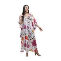 Winlar White Floral Microfiber Long Kaftan - One Size Fits Most