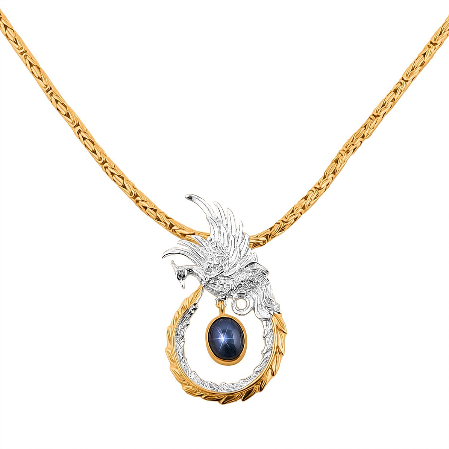 Bali Legacy Blue Star Sapphire (DF) Borobudur Chain Phoenix Necklace 20 Inches in 22K Vermeil Yellow Gold Over and Sterling Silver 4.35 ctw