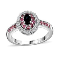 AAA Monte Belo Indicolite and Multi Gemstone Double Halo Ring in Rhodium Over Sterling Silver (Size 10.0) 0.75 ctw