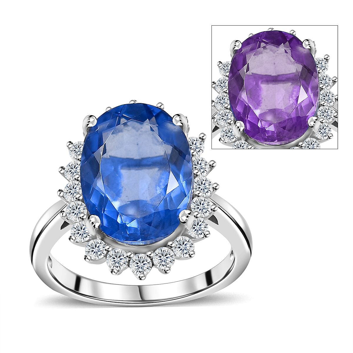 Color Change Fluorite (IR), White Zircon Ring in Rhodium Over Sterling Silver (Size 7.0) 8.40 ctw
