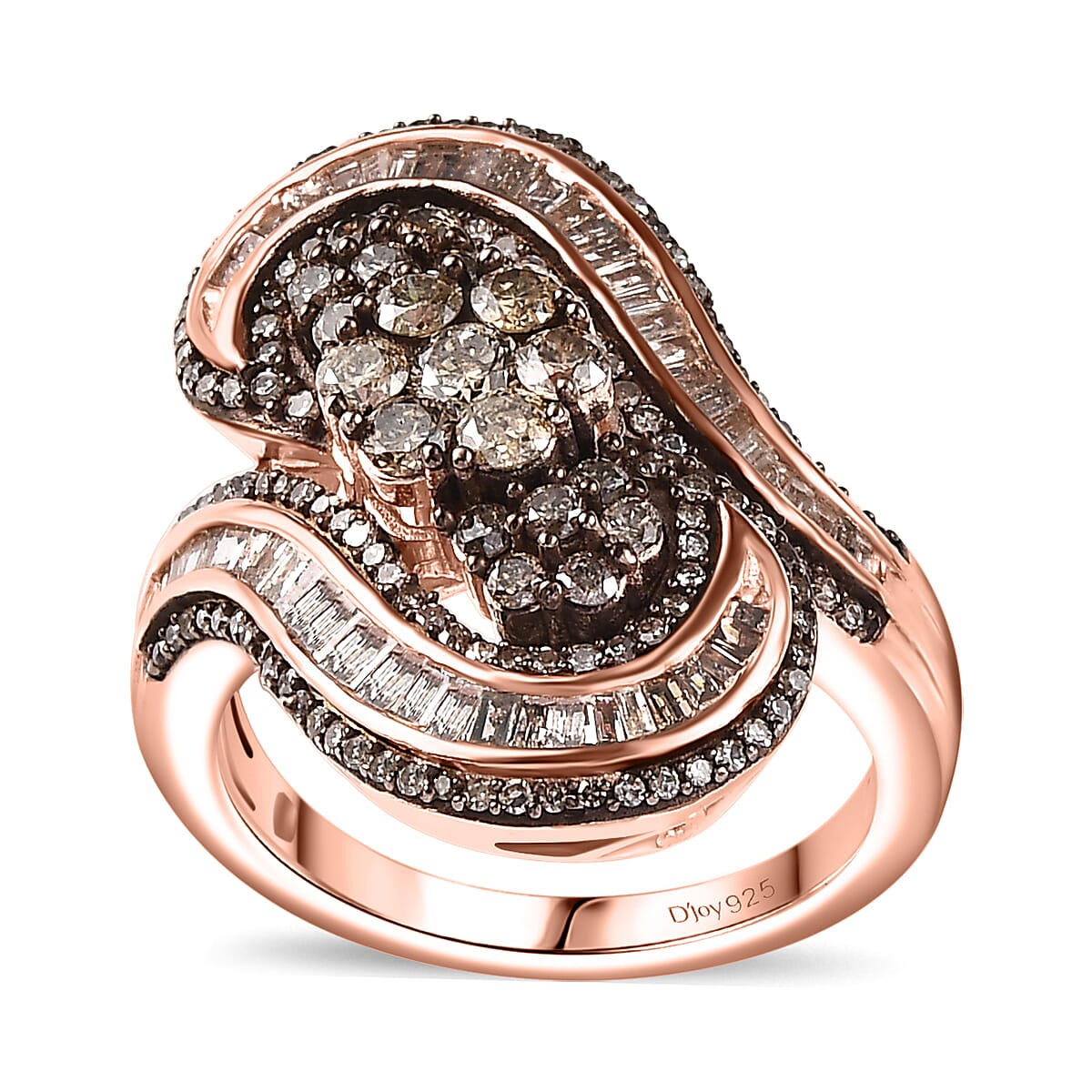 Natural Champagne Diamond Bypass Ring in 18K Vermeil RG Over Sterling Silver (Size 10.0) 1.50 ctw
