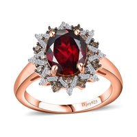 Premium Tanzanian Wine Garnet, Natural Champagne and White Diamond Sunflower Ring in 18K Vermeil Rose Gold Over Sterling Silver (Size 10.0) 2.35 ctw