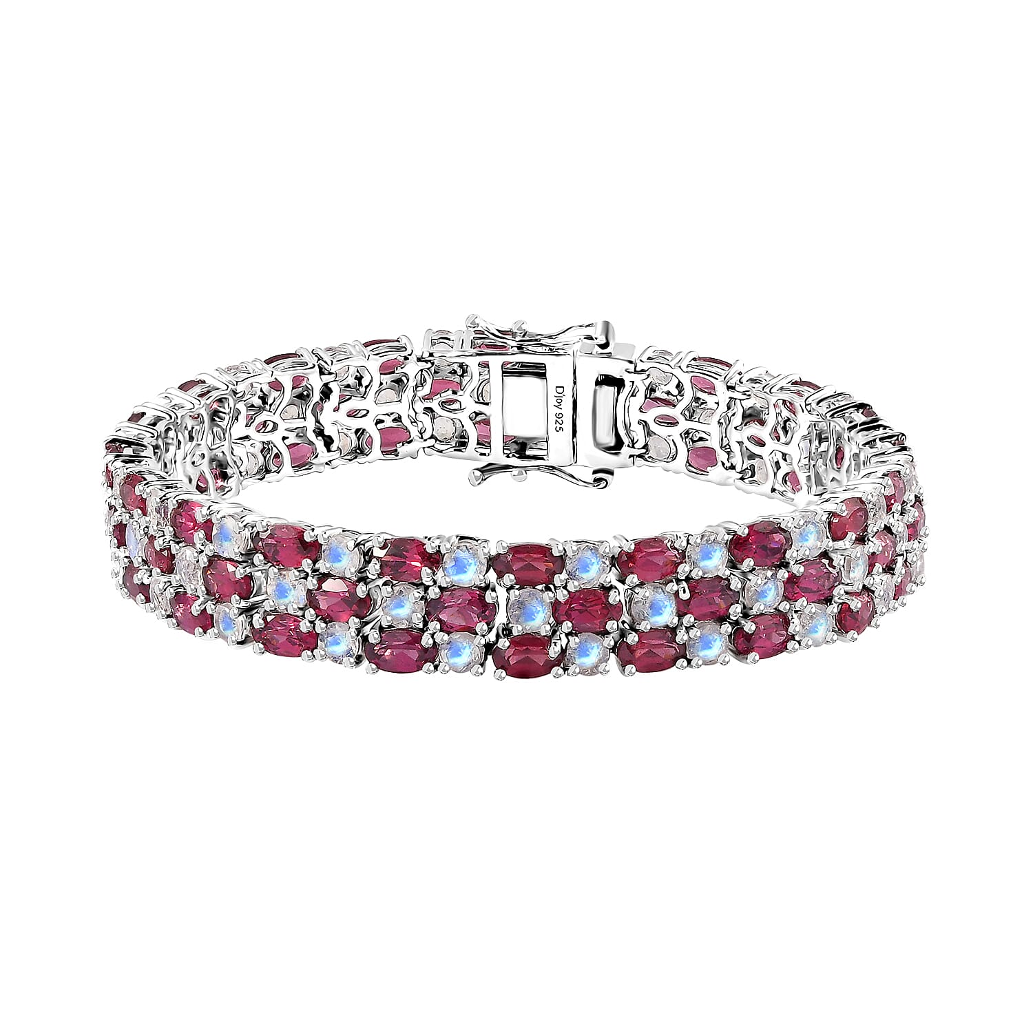 Premium Tanzanian Wine Garnet and Rainbow Moonstone 3 Row Bracelet in Rhodium Over Sterling Silver (6.50 In) 22.90 ctw