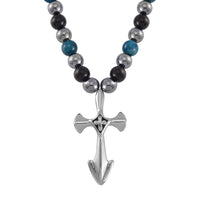 Terahertz, Blue Apatite and Shungite Beaded Necklace (24 Inches) in Sterling Silver with Stainless Steel Cross Charm 375.00 ctw