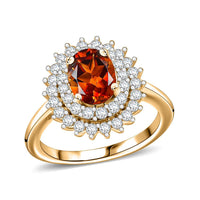 Brazilian Cherry Citrine, White Zircon Double Halo Ring in Vermeil YG Over Sterling Silver (Size 10.0) 2.00 ctw
