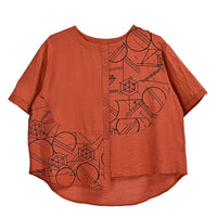 Orange Square Pattern Round Neck Top - One Size Fits Most