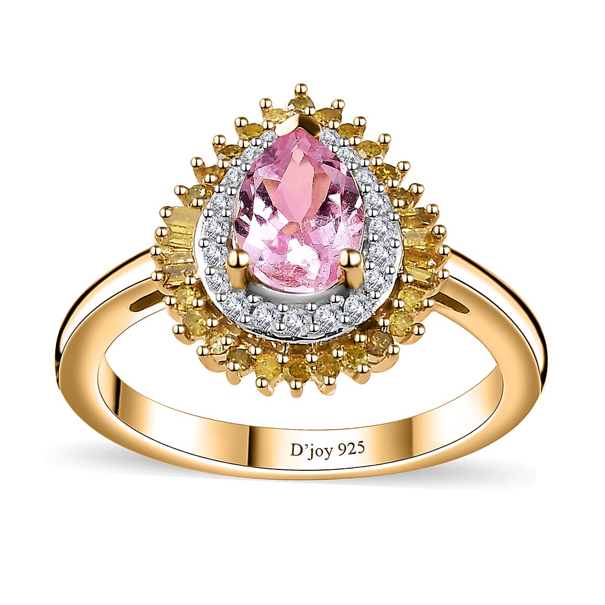 Epic Deal Narsipatnam Pink Spinel, Yellow Diamond (IR), White Diamond Double Halo Ring in 18K Vermeil YG Over Sterling Silver (Size 10.0) 1.00 ctw