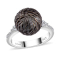 Tahitian Cultured Pearl and Moissanite Lotus Carved Ring in Rhodium Over Sterling Silver (Size 10.0) 0.15 ctw - Sticky add to cart bar
