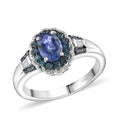 TLV Peacock Tanzanite, Blue Diamond (IR), Diamond Halo Ring in Platinum Over Sterling Silver (Size 7.0) 1.00 ctw - Sticky add to cart bar