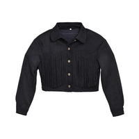 Black Short Fleece Jacket with Fringe - S