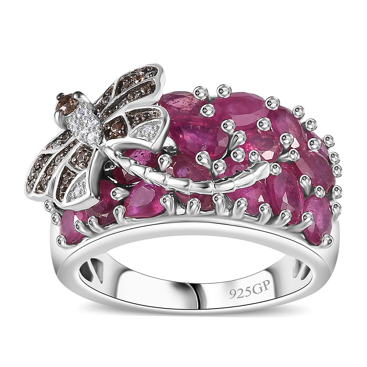 GP Niassa Ruby (FF) and Multi Gemstone Dragonfly Ring in Rhodium Over Sterling Silver 5.50 ctw