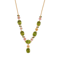 Hebei Peridot and Multi Color Mother of Pearl Carved Enameled Floral Necklace 18 Inches in 18K Vermeil Yellow Gold Over Sterling Silver 17.30 ctw