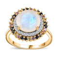 Moon Glow Moonstone and Multi Gemstone Double Halo Ring in 18K Vermeil Yellow Gold Over Sterling Silver (Size 10.0) 4.50 ctw - Sticky add to cart bar