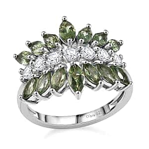 Premium Natural Green Apatite, Moissanite Ring in Rhodium Over Sterling Silver (Size 5.0) 3.00 ctw
