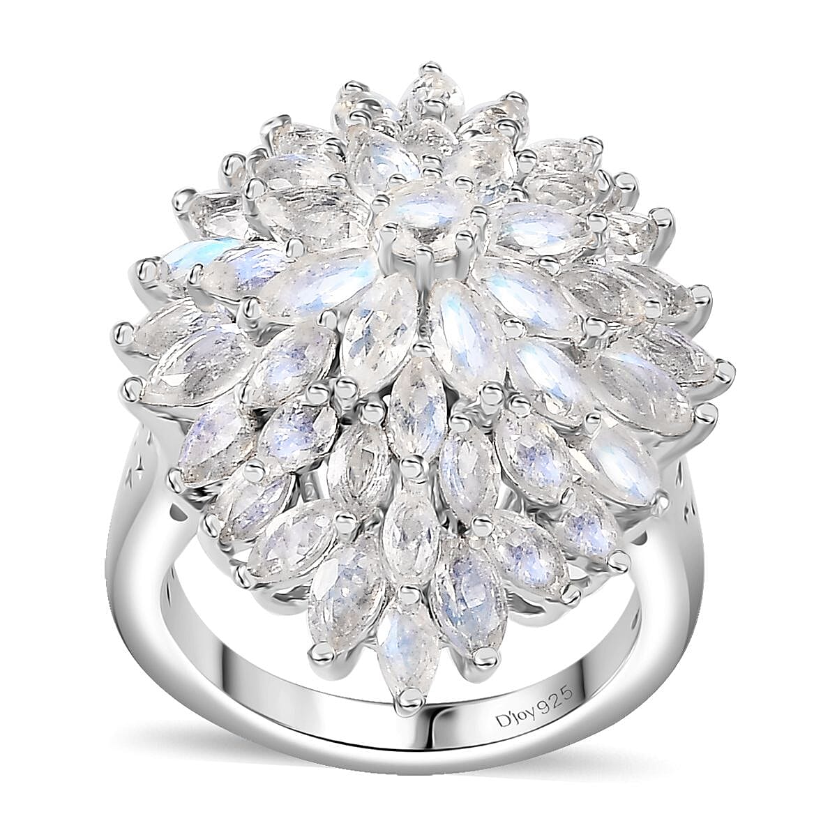 Moon Glow Moonstone Dahlia Floral Sparkle, Star and Moon Ring in Rhodium Over Sterling Silver (Size 6.0) 5.40 ctw