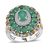 TLV Kagem Zambian Emerald, White Zircon Dahila Floral Ring in 18K Vermeil YG and Rhodium Over Sterling Silver (Size 7.0) 3.00 ctw
