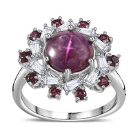 Premium Indian Star Ruby, Multi Gemstone Ring in Rhodium Over Sterling Silver 4.30 ctw